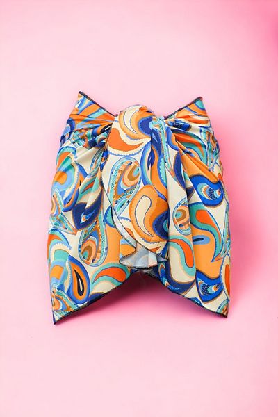 pistore Orange Blue Ethnic Patterned Short Pareo Satin No Sheer Women's Beach Dress New Season