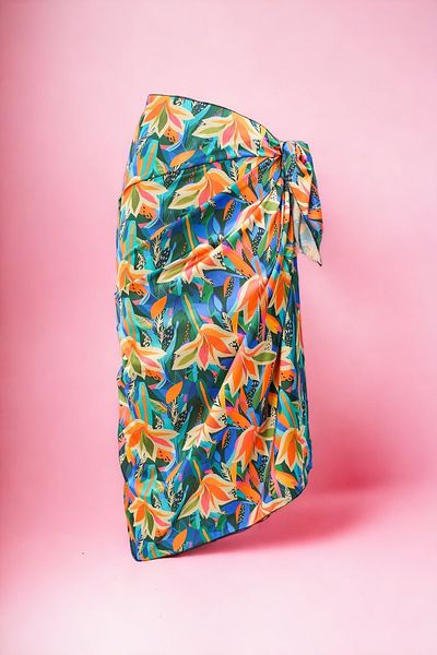 pistore Pink Orange Leaf Patterned Long Pareo Satin No Sheer Women's Beach Dress New Season