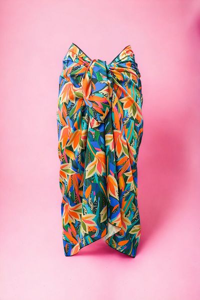 pistore Pink Orange Leaf Patterned Long Pareo Satin No Sheer Women's Beach Dress New Season