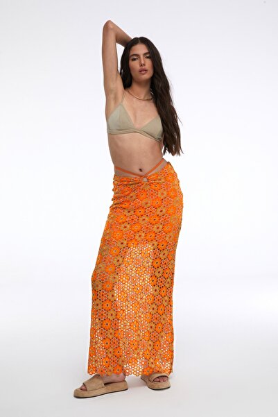 By Mare Style Pansy Çiçek Desenli Turuncu Plaj Eteği