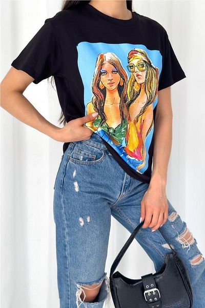 FEMELLE Tricou negru din bumbac imprimat nou sezon pentru femei