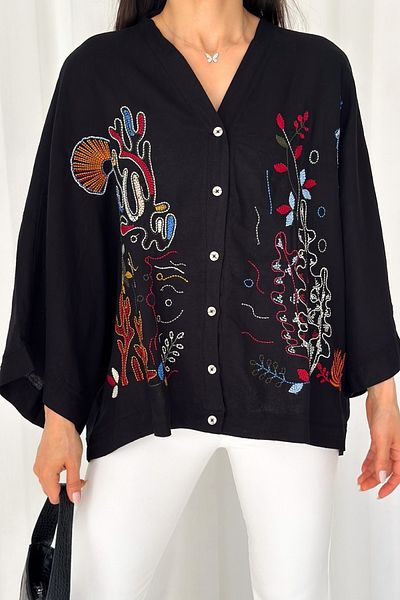 FEMELLE Cămașă kimono de damă, neagră, cu broderie completă, detaliată, ocazională, supradimensionată, mărime standard