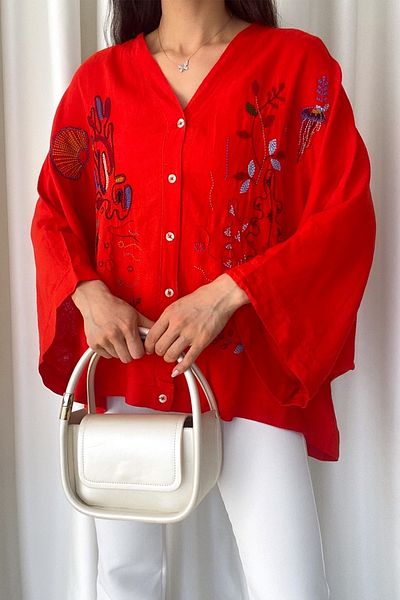 FEMELLE Cămașă kimono de damă, roșie, cu broderie completă, detaliată, ocazională, supradimensionată, mărime standard
