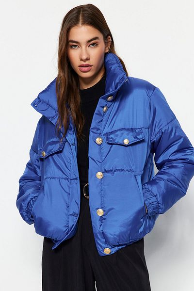 Trendyol Collection Saks Blue Gold Button Detailed Quilted Puffer Jacket TWOAW24MO00052
