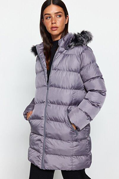 Trendyol Collection Gray Fur Hooded Water Repellent Puffer Jacket TWOAW24MO00081