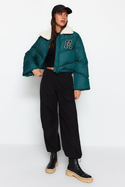 Trendyol Collection Dark Green Water Repellent Puffer Jacket with Plush Collar and Patch Detail - Twoaw24Mo00123