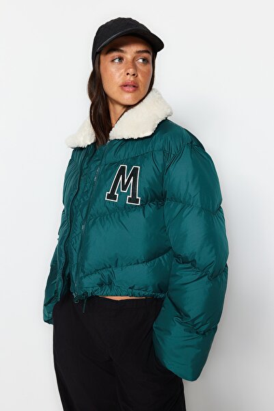 Trendyol Collection Dark Green Water Repellent Puffer Jacket with Plush Collar and Patch Detail - Twoaw24Mo00123