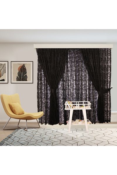 Ta-Ha Perde ve Halı Shawl Pattern Black Knitted Inner Tulle and Background Complete Set Sparse Pleat Tulle Curtain