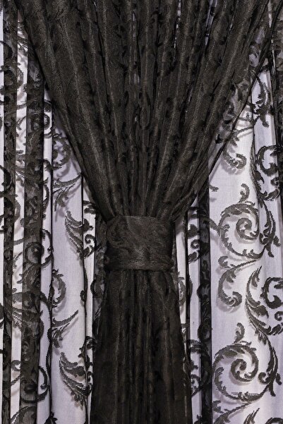Ta-Ha Perde ve Halı Shawl Pattern Black Knitted Inner Tulle and Background Complete Set Sparse Pleat Tulle Curtain