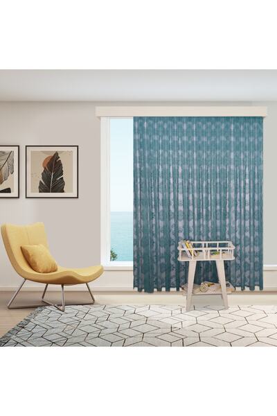 Ta-Ha Perde ve Halı Damaks Ottoman Pattern Petrol Blue-Turquoise Knitted Non-Creasing 1-2.5 Medium Pleated Tulle Curtain