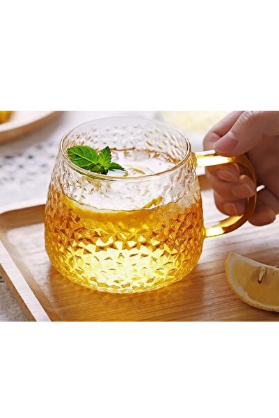 Kitchen Design Lab Ezme Dövülmüş Desen Kupa Sarı Kulplu 350 ml Cam Fincan 4 Adet