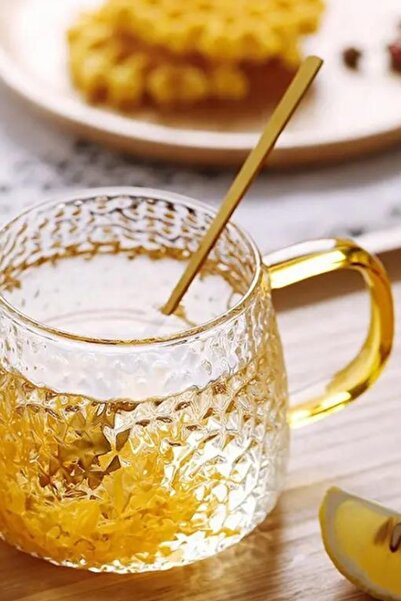 Kitchen Design Lab Ezme Dövülmüş Desen Kupa Sarı Kulplu 350 ml Cam Fincan 4 Adet