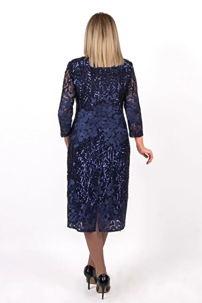 EZZE Μπλε ναυτικό με παγιέτες Λεπτομερές κομψό βραδινό φόρεμα μεγάλου μεγέθους - 2292