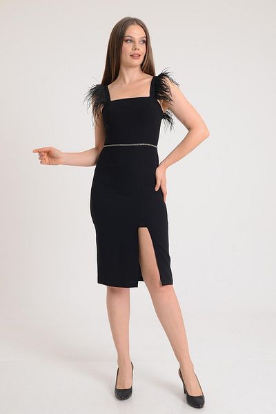SpringStore Rochie de seară neagră cu guler pătrat cu pene