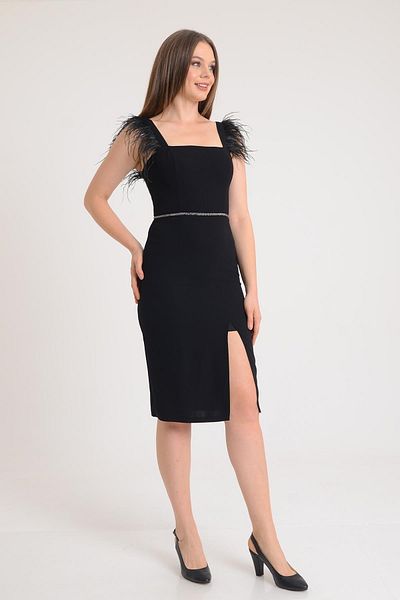 SpringStore Rochie de seară neagră cu guler pătrat cu pene
