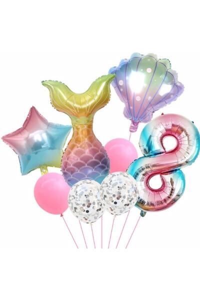 Parti Station مجموعة بالونات عيد ميلاد حورية البحر بعمر 8 سنوات من ميرميد كونسيبت