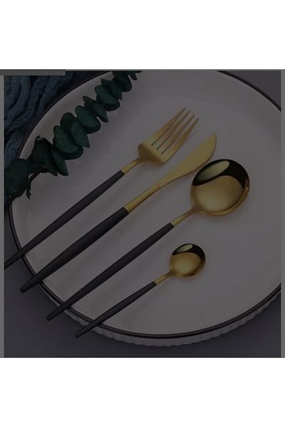 BRONDOFF 36 Piece Black Gold Fork Spoon Knife Set