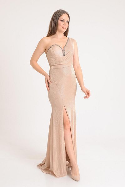 SpringStore Rochie de seara cu sclipici bej cu un singur umar