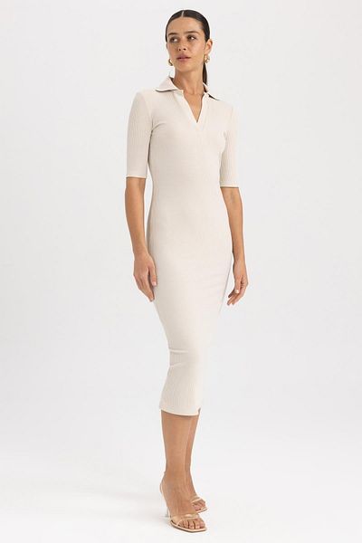 DeFacto Bodycon Polo λαιμόκοψη με ραβδώσεις καμιζόλα Midi κοντό μανίκι φόρεμα A2096ax23sp