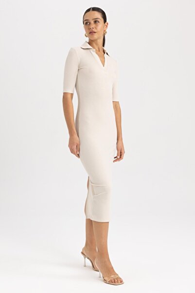 DeFacto Bodycon Polo λαιμόκοψη με ραβδώσεις καμιζόλα Midi κοντό μανίκι φόρεμα A2096ax23sp