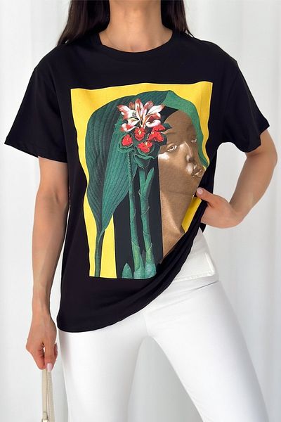 FEMELLE Tricou negru din bumbac imprimat cu design nou sezon pentru femei