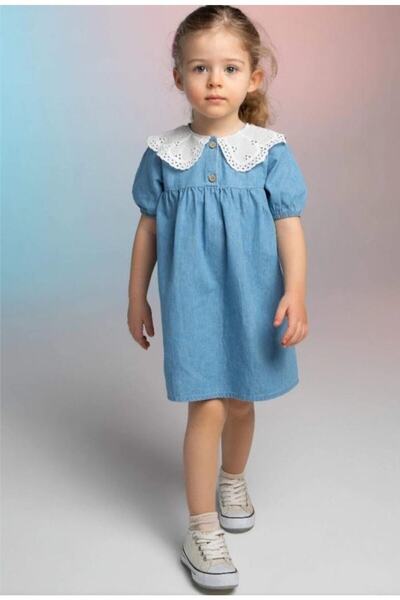 Çipil Yumuşak Kot Yaka Detaylı Elbise