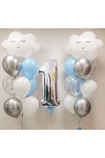 Parti Station مجموعة بالونات سكاي كلاود بعمر سنة واحدة، مجموعة بالونات من رقا...