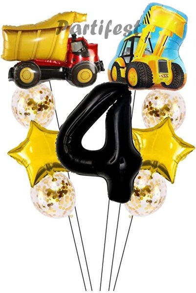 Parti Station Kamyon Dozer Kepçe Inşaat 4 Yaş Balon Set Yıldız Balon Set Kamy...