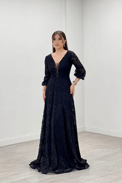 giyimmasalı Βραδινό φόρεμα Guipure Lace Fabric Chest Bead Λεπτομερές κιλό βραδινό φόρεμα - ΜΑΥΡΟ
