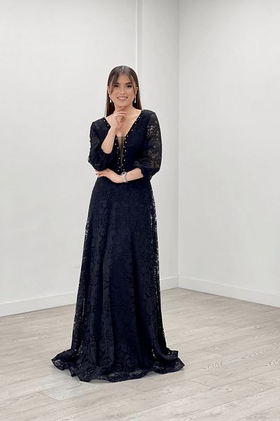 giyimmasalı Βραδινό φόρεμα Guipure Lace Fabric Chest Bead Λεπτομερές κιλό βραδινό φόρεμα - ΜΑΥΡΟ