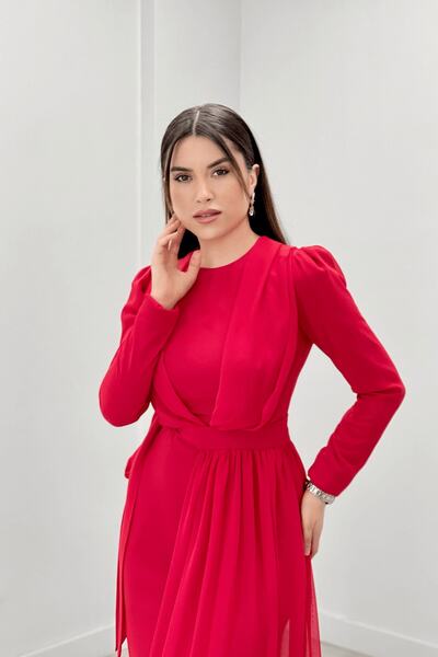 giyimmasalı Şifon Kumaş Pelerin Detaylı Abiye Elbise - KIRMIZI