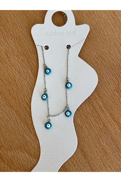 JELLY Women's Steel Silver Color Evil Eye Beaded Anklet