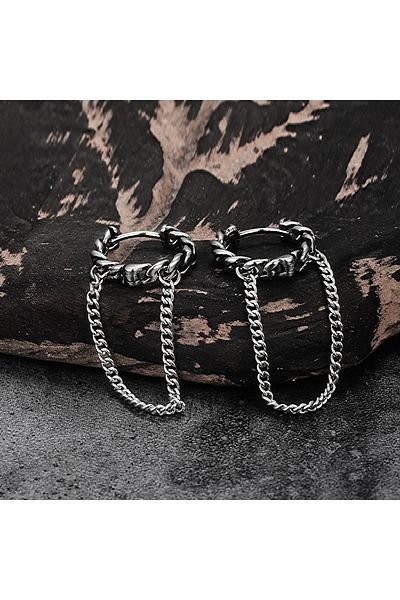 Viking Knitted Model Large Size Chain Accessory Ring Snap 316L Steel Men's Earrings