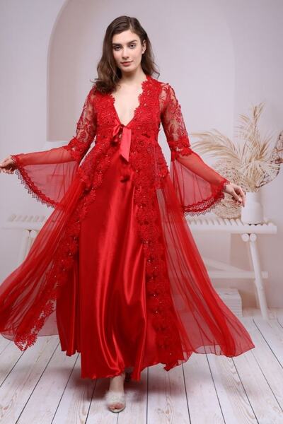 Lüx Wood Kadın Sabahlık Ve Gecelık Uzun Elbısesı Tul Saten 2ılı