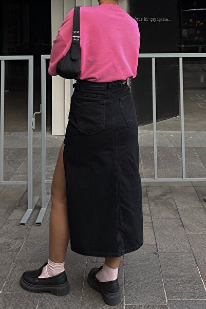 MAKRAS EXCLUSIVE Fusta lungă din denim neagră pentru femei, tăiată cu laser, cu fantă laterală adâncă