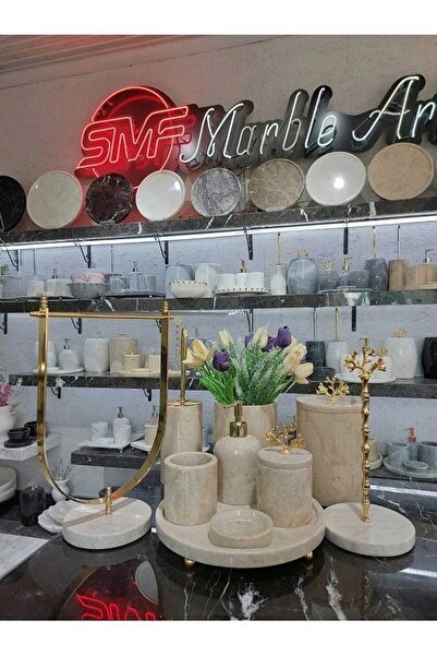 Sümeyra Marble Art Elizya- Doğal Bej Mermer Banyo Seti | 10 Parça |gold| Mermer Vazo |kağıt-el Havluluk|