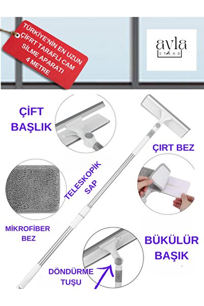 AYLA STAND Türkiyenin En Uzun Teleskopik Çekçekli Pencere Temizleyicisi ( 4 M...