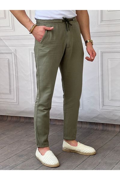 Tarz Cool Men's Khaki Musli Lace-Up Linen Trousers