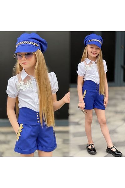 Calisa قميص أبيض للفتيات، وشورت أزرق داكن، وقبعة، بدلة للعيد