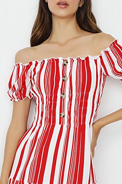 Select Moda Rochie de damă roșie cu guler Carmen, cu nasturi și detaliu Gipe