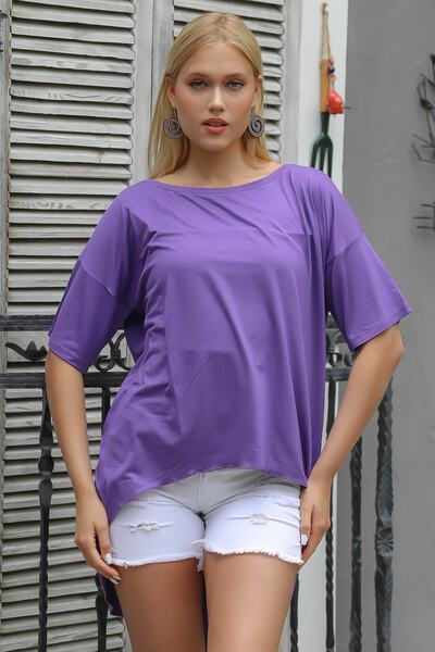 Chiccy Dark Lilac Boat Neck Short Sleeve Knitted Oversize T-Shirt