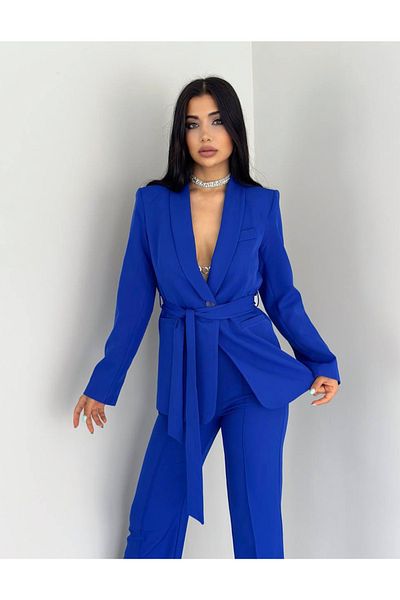 pembekurdelem Women's Belted Jacket Trousers Set, Saks Blue
