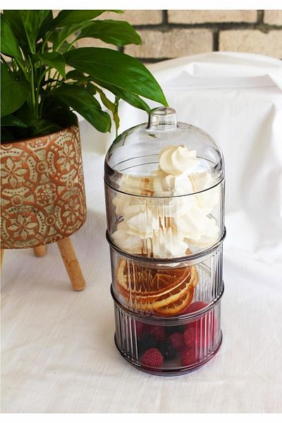DİBA AVM Small Size 3 Layer Cookie Holder with Presentation Lid Storage 3 Pieces Dragee Round Sugar Bowl