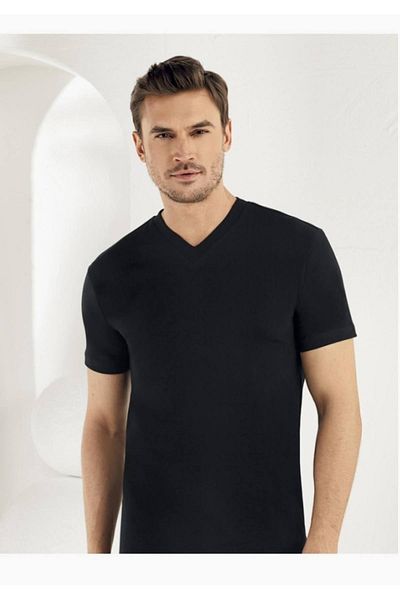 Şahinler Men's Black Short Sleeve V-Neck Undershirt M Sh New Season (6 Pieces Economic Package)