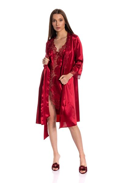 Espuar Burgundy Lace Detailed Satin Double Nightgown Dressing Gown Set