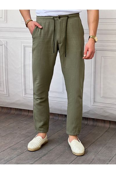 Tarz Cool Men's Khaki Musli Lace-Up Linen Trousers