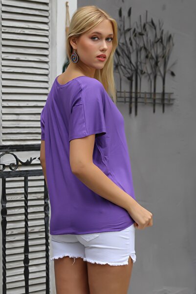 Chiccy Ανοιχτό μωβ πλεκτό μπλουζάκι με λαιμόκοψη V με χαμηλό μανίκι