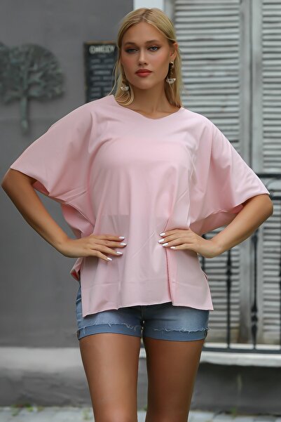 Chiccy Pastelno roza bluza sa okruglim izrezom i šišmiš rukavima Pleteno asim...