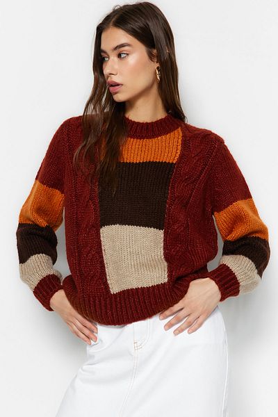 Trendyol Collection Tile Soft Textured Color Blocked Crew Neck Knitwear Sweater TWOAW24KZ00194