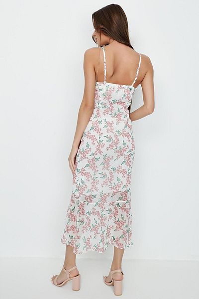 Select Moda Women's White Floral Slit Detailed Chiffon Dress